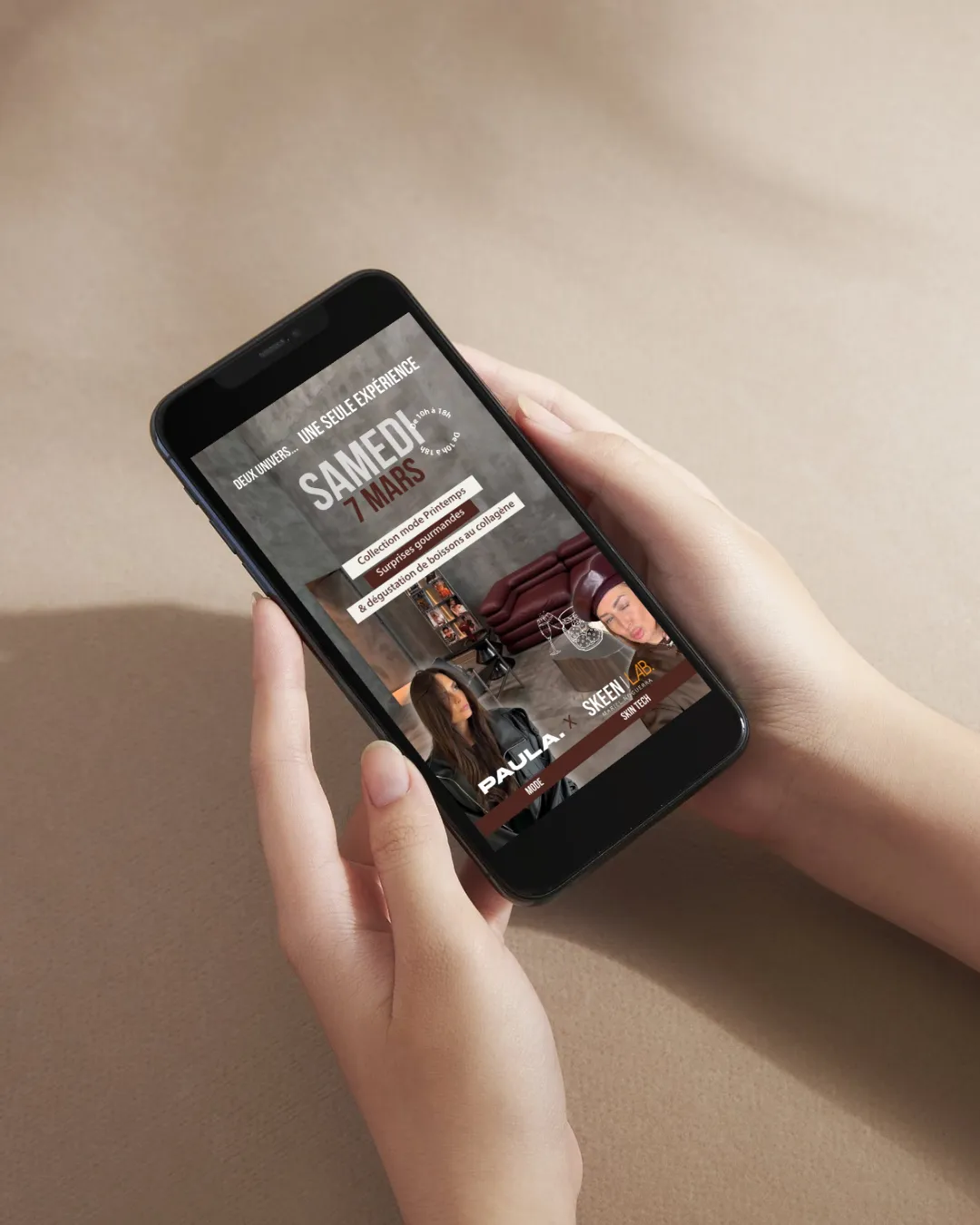Story Instagram annonçant un événement de Skeen Lab, centre expert beauté à Toulon, affichée sur un smartphone